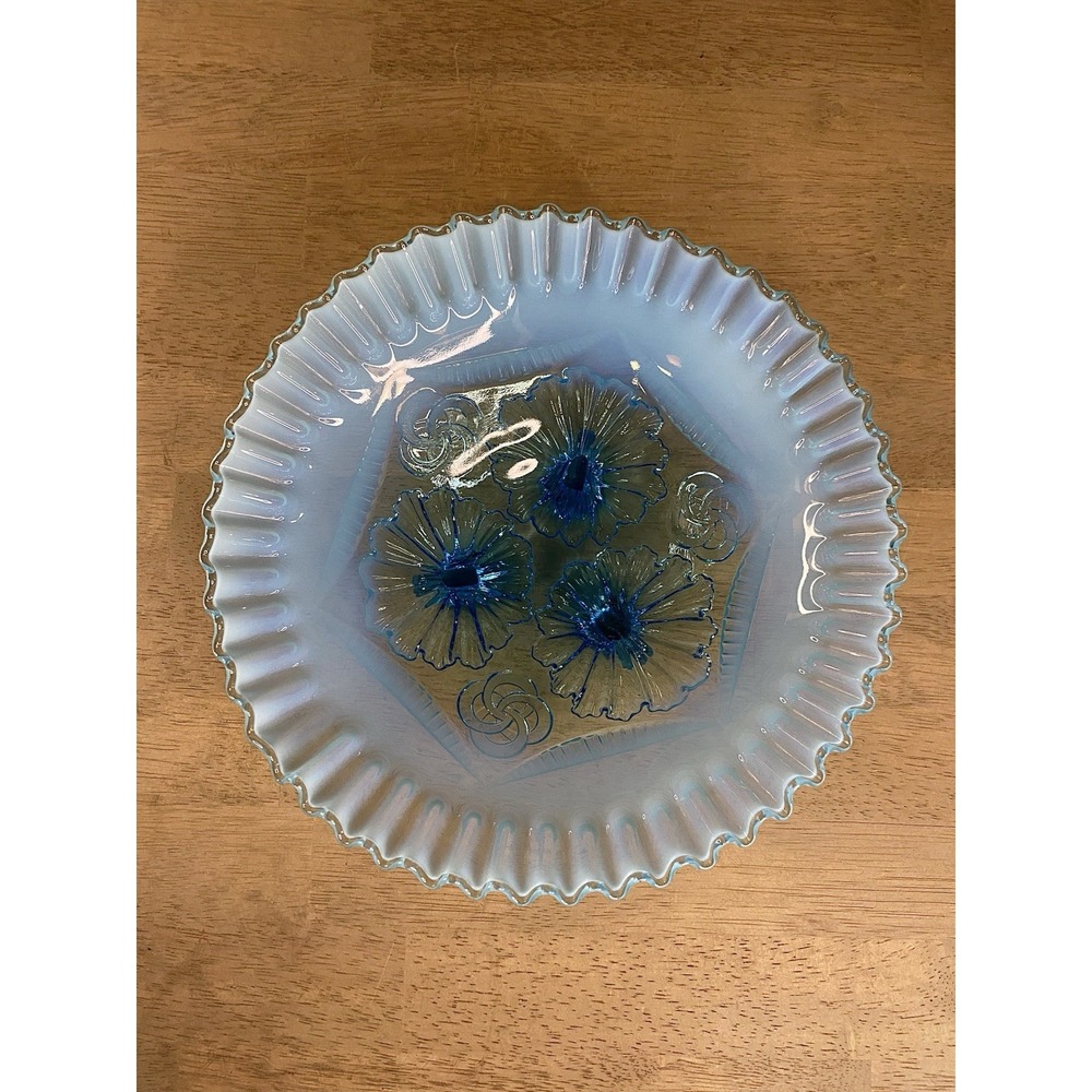 Vintage Aqua Blue Opalescent Ruffle Edge Tri Foot Bowl 9" Wide